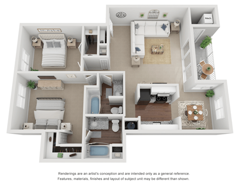 Floor plan for 2 beds, 2 baths, 1108 sqft